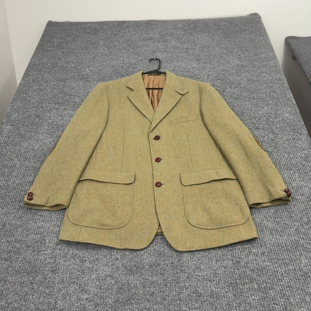 Orvis Harris Tweed Blazer Mens 42 Yellow Wool Elbow Patches Herringbone Classic
